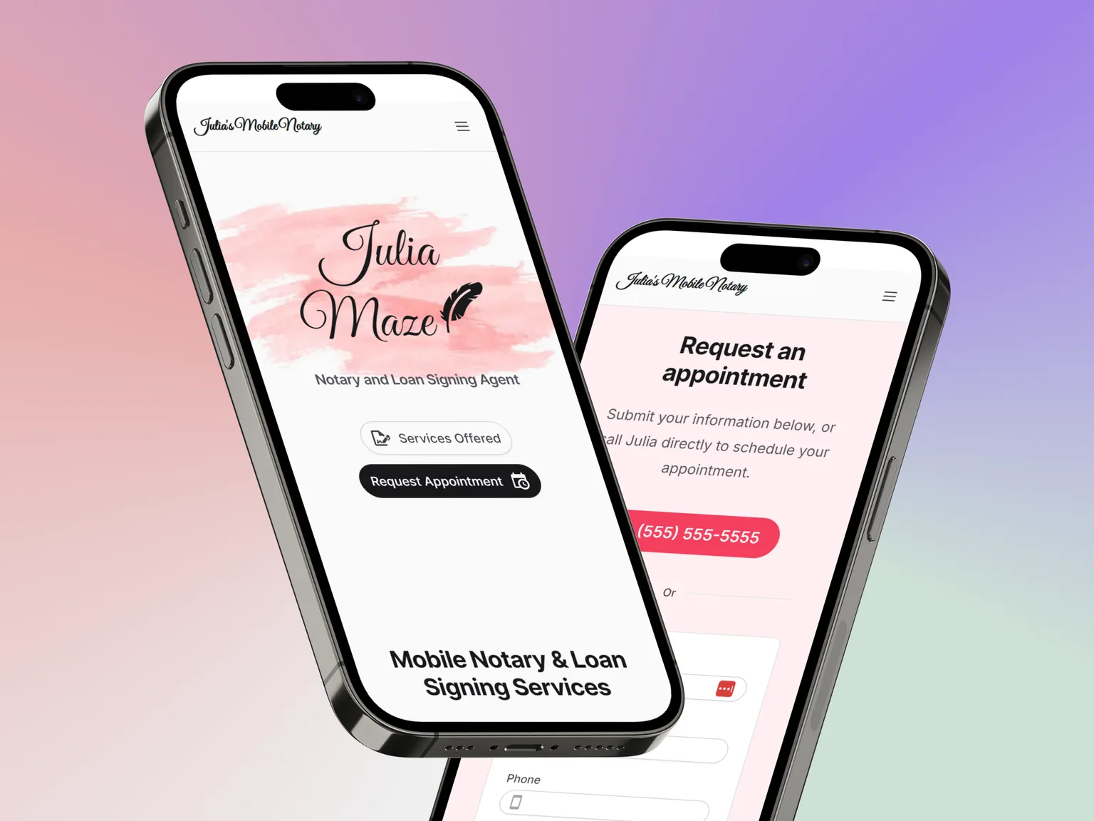 Two smartphones showing the mobile version of the "Julia Maze" website. One screen shows the homepage with "Julia Maze" branding, and the other displays a form to request an appointment. The design retains the soft pink and black accents seen in the desktop version.