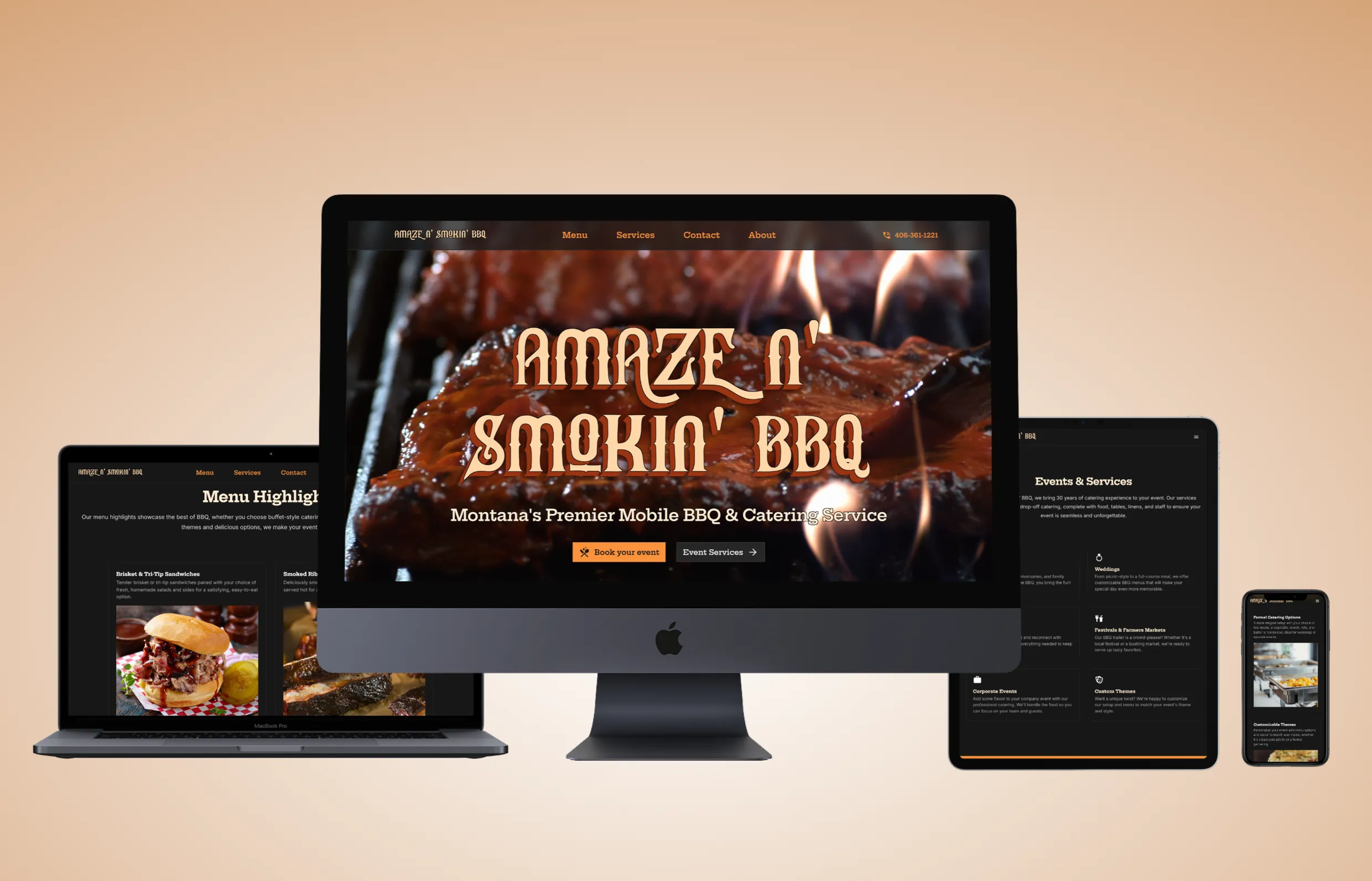 Collage of devices showcasing the Amaze N' Smokin' BBQ website, including a desktop monitor, laptop, tablet, and smartphone. The desktop view prominently features an image of barbecued ribs with flames and the text 'Amaze N' Smokin' BBQ Montana's Premier Mobile BBQ & Catering Service.' The laptop highlights menu items like 'Brisket & Tri-Tip Sandwiches,' the tablet displays the 'Events & Services' section, and the smartphone shows a featured catering dish with a description.