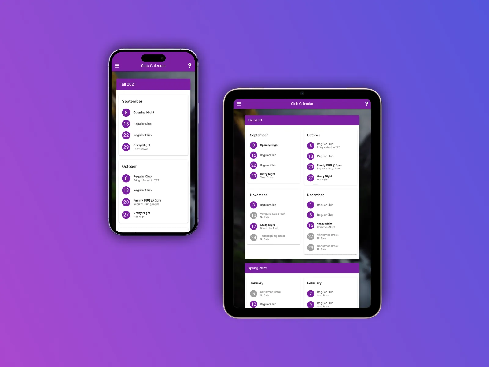 A mobile app interface displayed on two devices, a smartphone and a tablet. The screens show a "Club Calendar" for a fall schedule with purple accents and events listed for September, October, November, and December. The design is simple, using bold, circular icons for each date