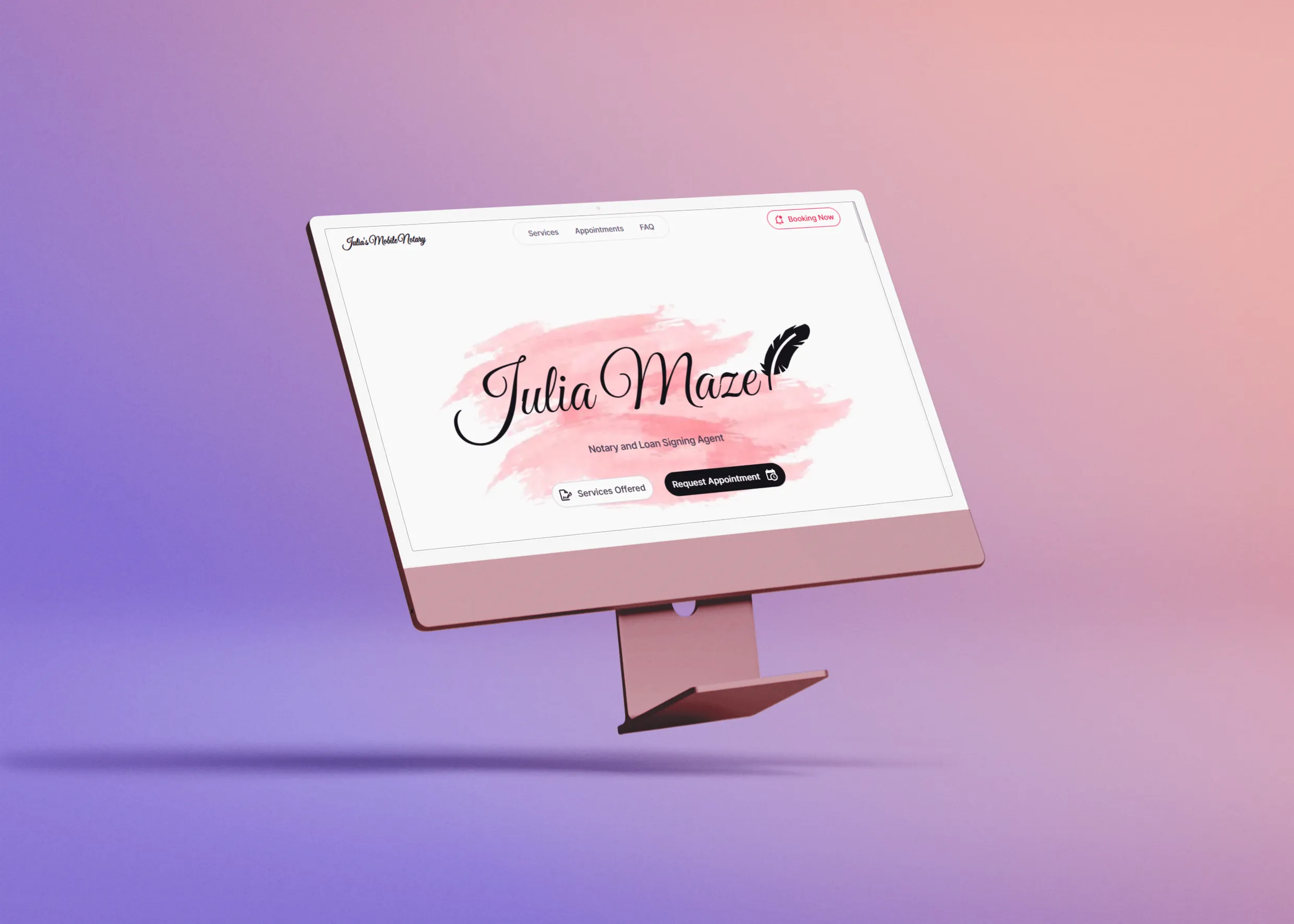 A desktop screen mockup showing the website homepage for "Julia Maze" with a pink watercolor background. The title reads "Julia Maze Notary and Loan Signing Agent," with a feather logo and call-to-action buttons for services and appointments. The design is minimalistic with a professional and approachable tone.