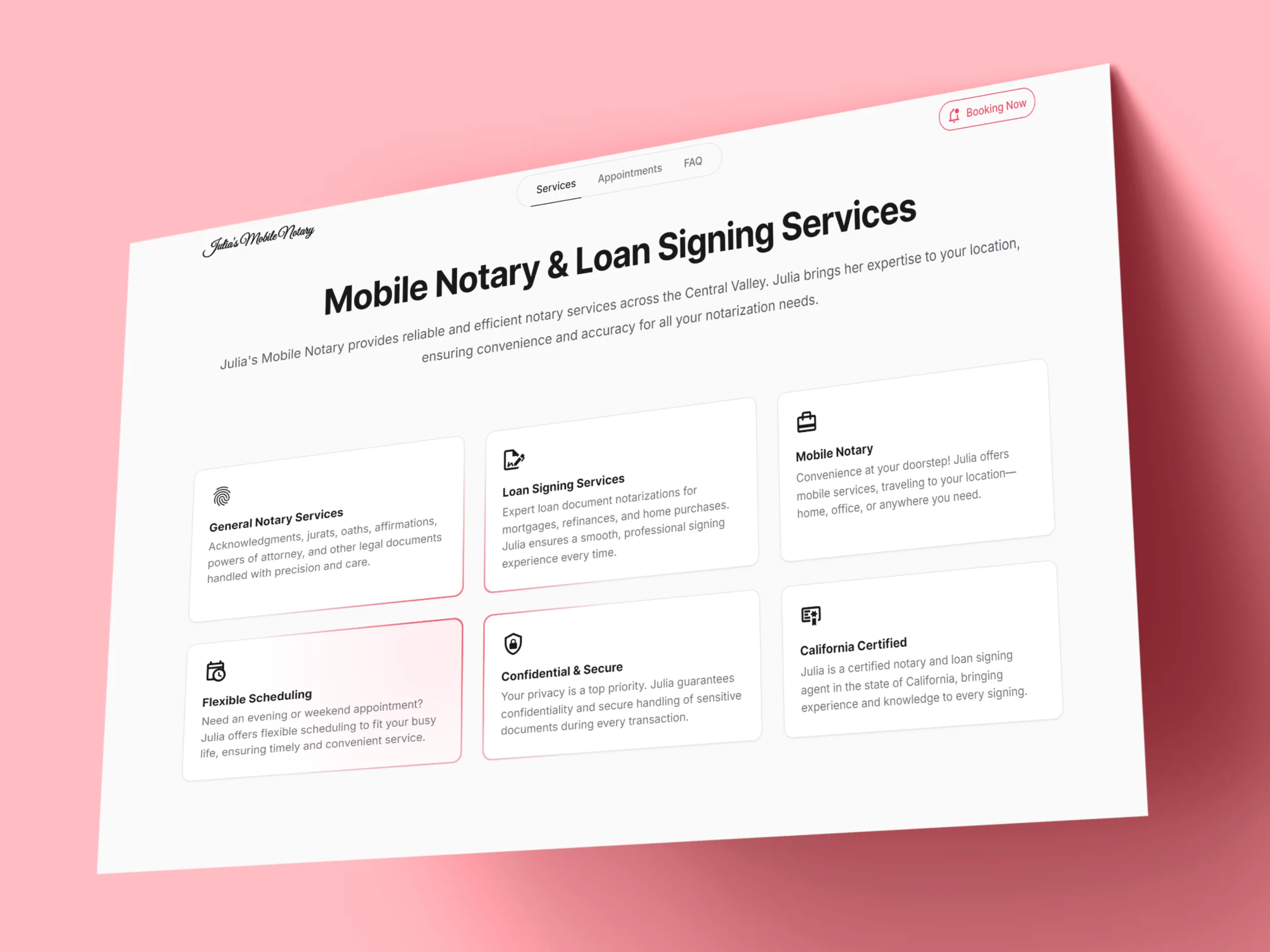 A website service page for "Julia's Mobile Notary" displaying six service offerings, including General Notary Services, Loan Signing Services, Mobile Notary, and Flexible Scheduling. The design uses a clean and organized layout with soft pink and white tones.