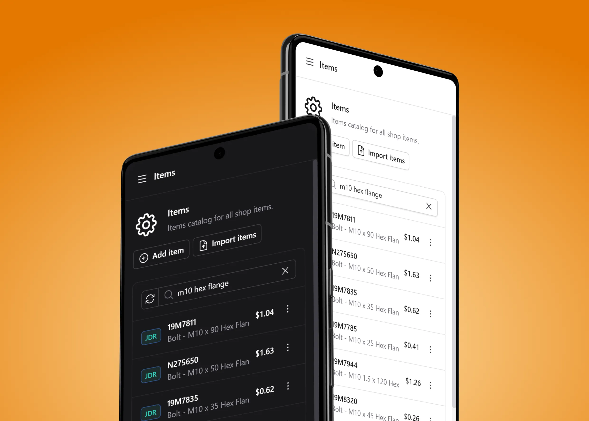 A close-up view of two smartphones showing the same items catalog app in light and dark modes. The search results for "M10 hex flange" display several bolts with their sizes and prices. The left phone is in light mode with a white background, while the right phone is in dark mode with a black background.