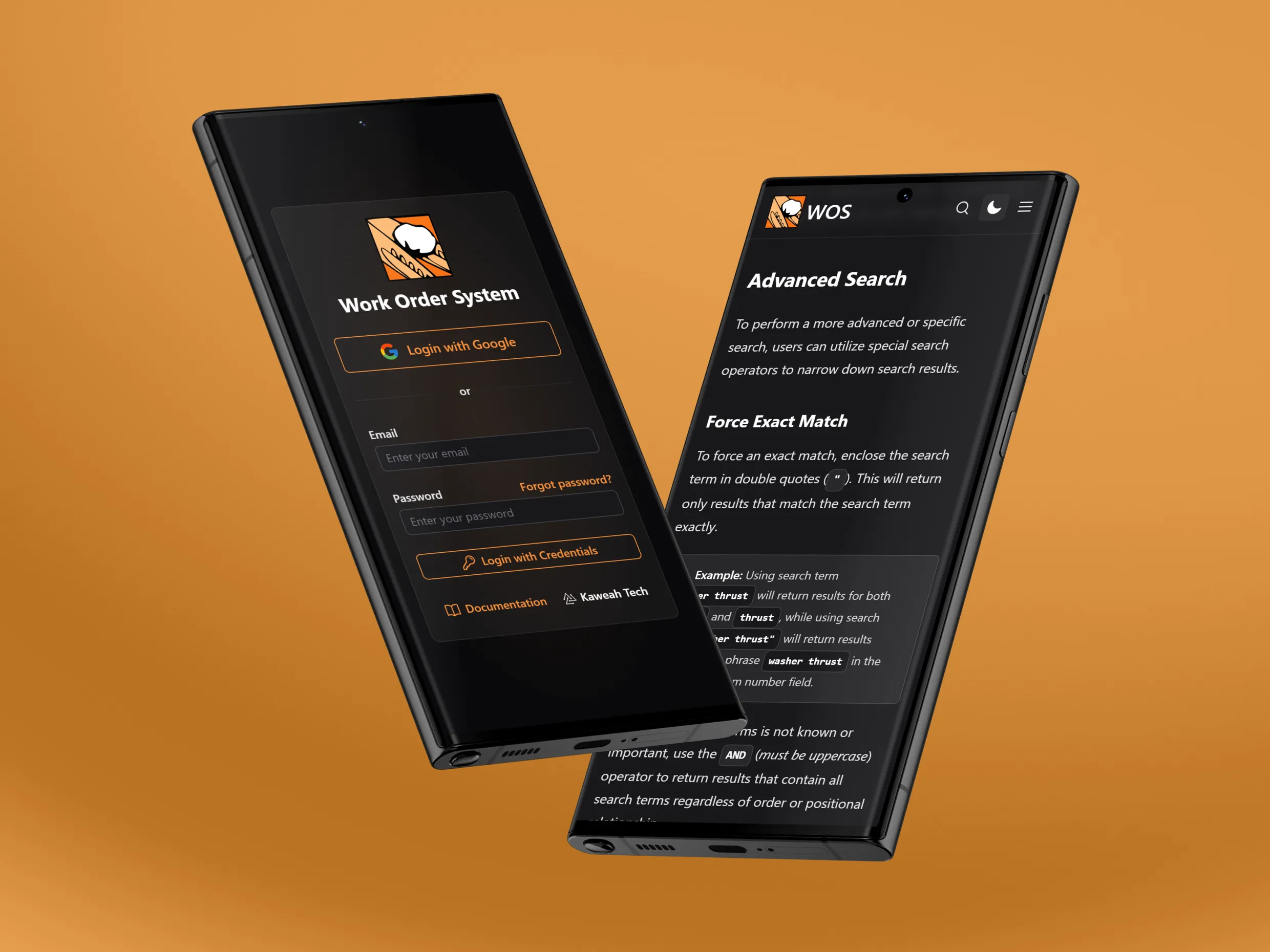 Two smartphones displaying different views of a "Work Order System" app. The left phone shows a login screen with options to log in via Google or with credentials, and the right phone shows an advanced search screen with tips for performing a more refined search. Both phones have a dark theme with orange accents, set against an orange background.